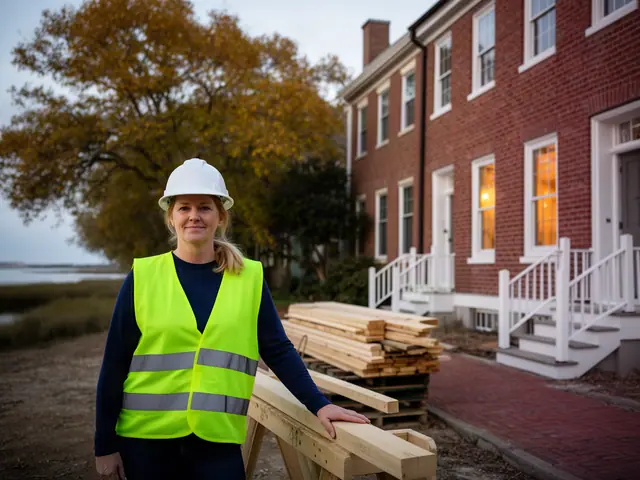 A builder in a hard hat and safety vest on a home construction site.