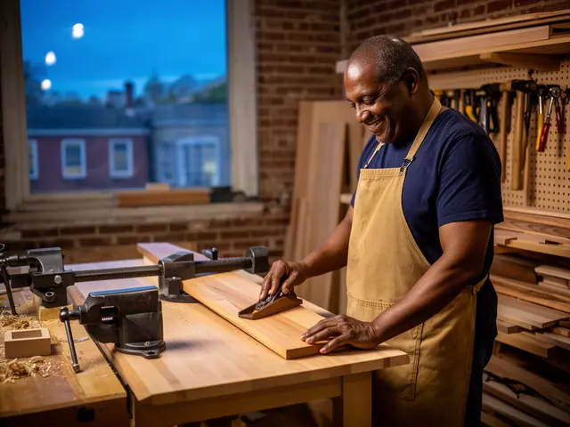 A man with a shaved head beside new equipment in a small cabinet-making shop.