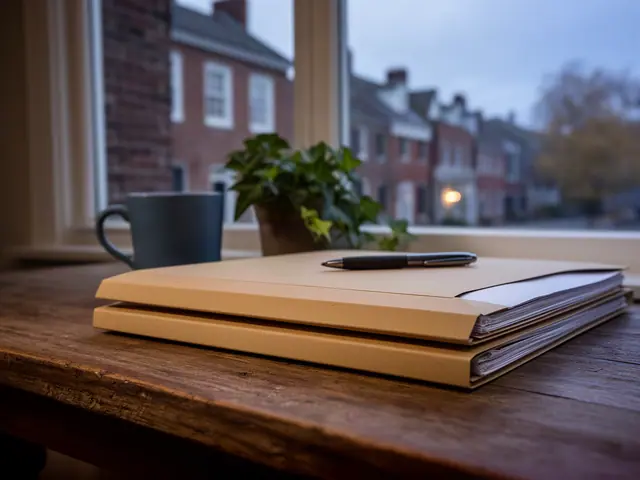 A neat stack of closed manila folders and a pen on a desk by a window.