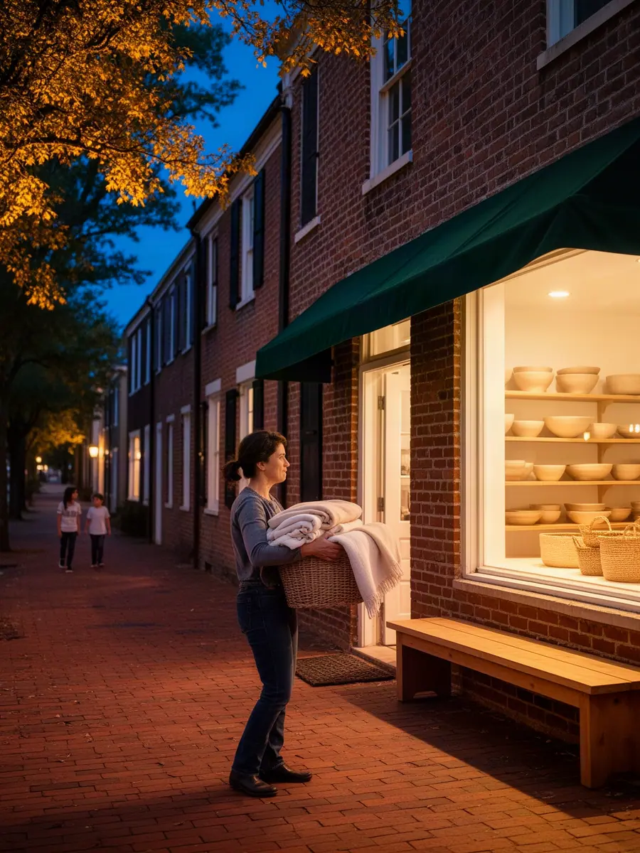A home-goods shop owner carrying a woven basket out to a bench beside her lit shop door on a brick sidewalk at dusk.