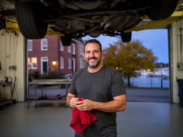 An auto-repair shop owner in a service bay under a lifted car.