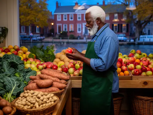 A grocer in an apron beside a fresh produce display.