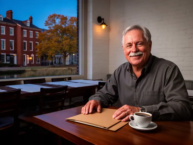 A restaurant owner seated with a folder in an empty dining room before opening.