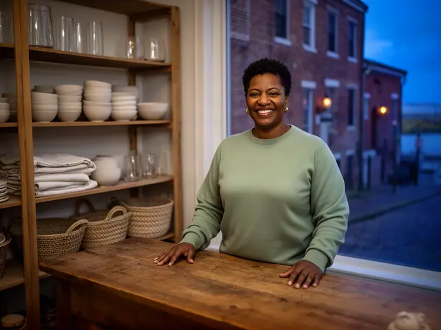 A shop owner behind the counter of a small home-goods shop.