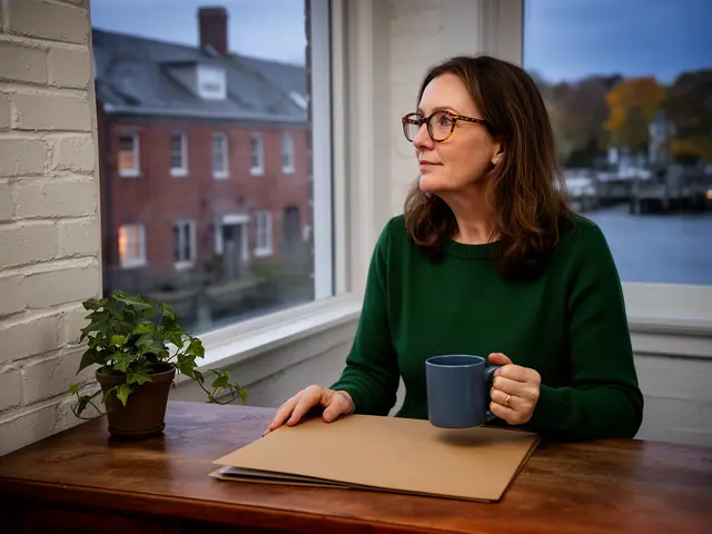 A woman with shoulder-length brown hair and tortoiseshell glasses at a desk with a folder and a mug in a small back office.