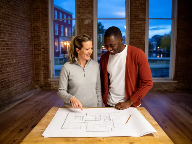 Two business partners looking over a pencil floor sketch in an empty storefront.