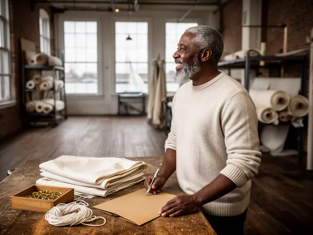 A man with short gray hair at a work table with a closed folder in a small sail-and-canvas repair loft.